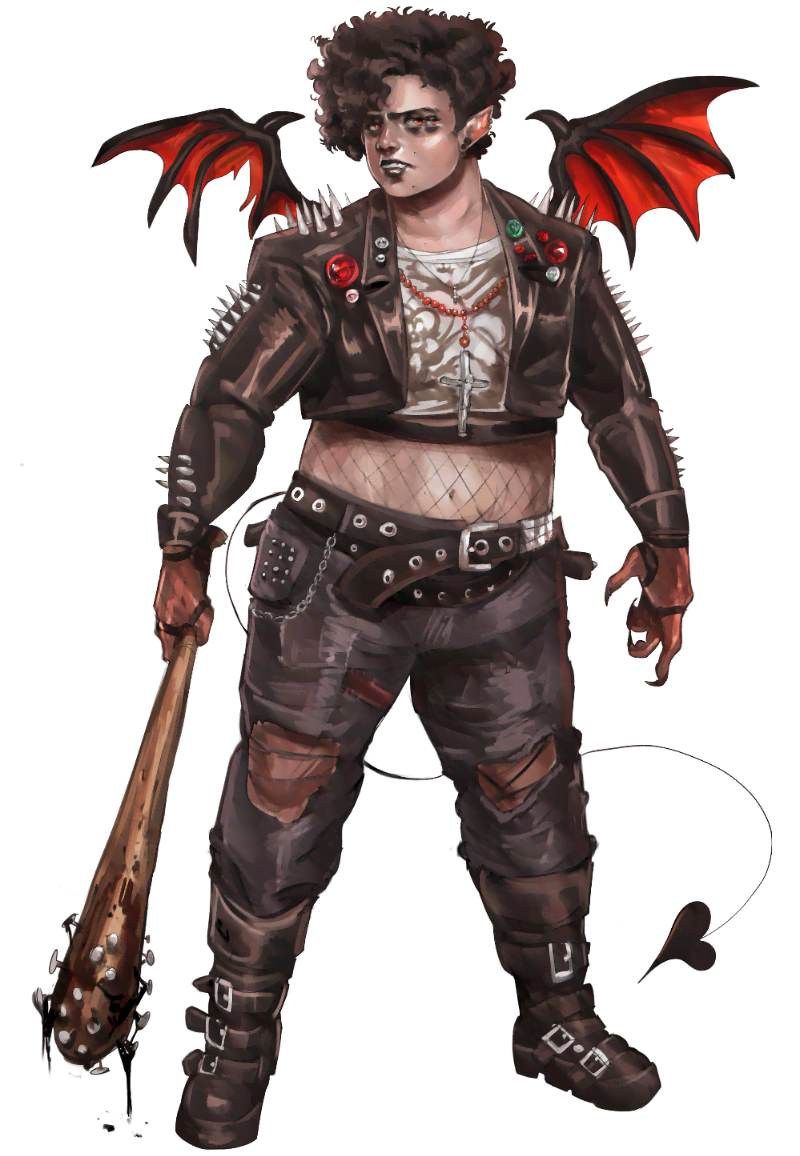 Fullbody picture of Roger, a humanoid devil wearing a studded leather jacket, boots, and ripped jeans. He has short curly dark hair and four eyes. He is holding a baseball bat dripping with black blood.