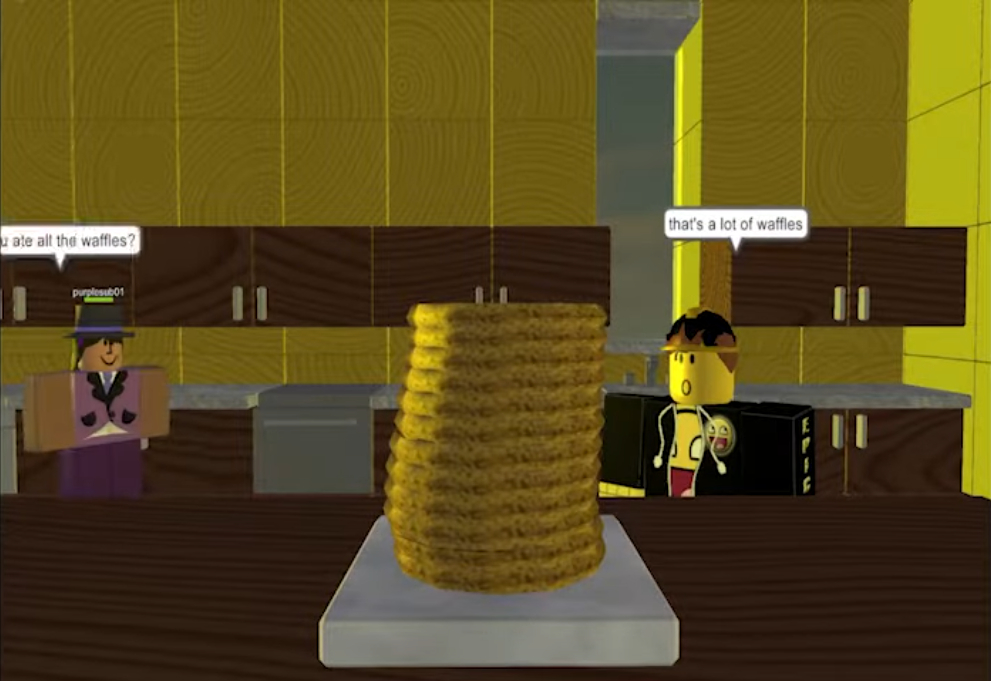 Screenshot from RecallAHollowHeart of a Roblox recreation of the classic Waffles skit.